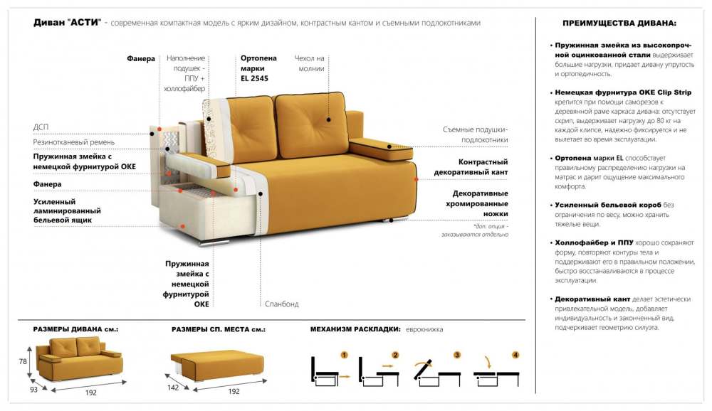 Диван прямой «Асти» Amigo yellow/Amigo brown наполнение